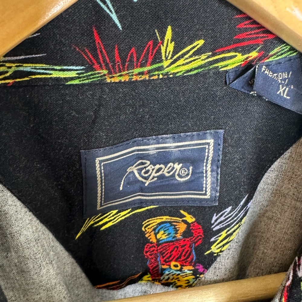 **SOLD**Vintage Roper Western Shirt XL – Black Cowboy Neon Rodeo Horse Print - Picture 5 of 7